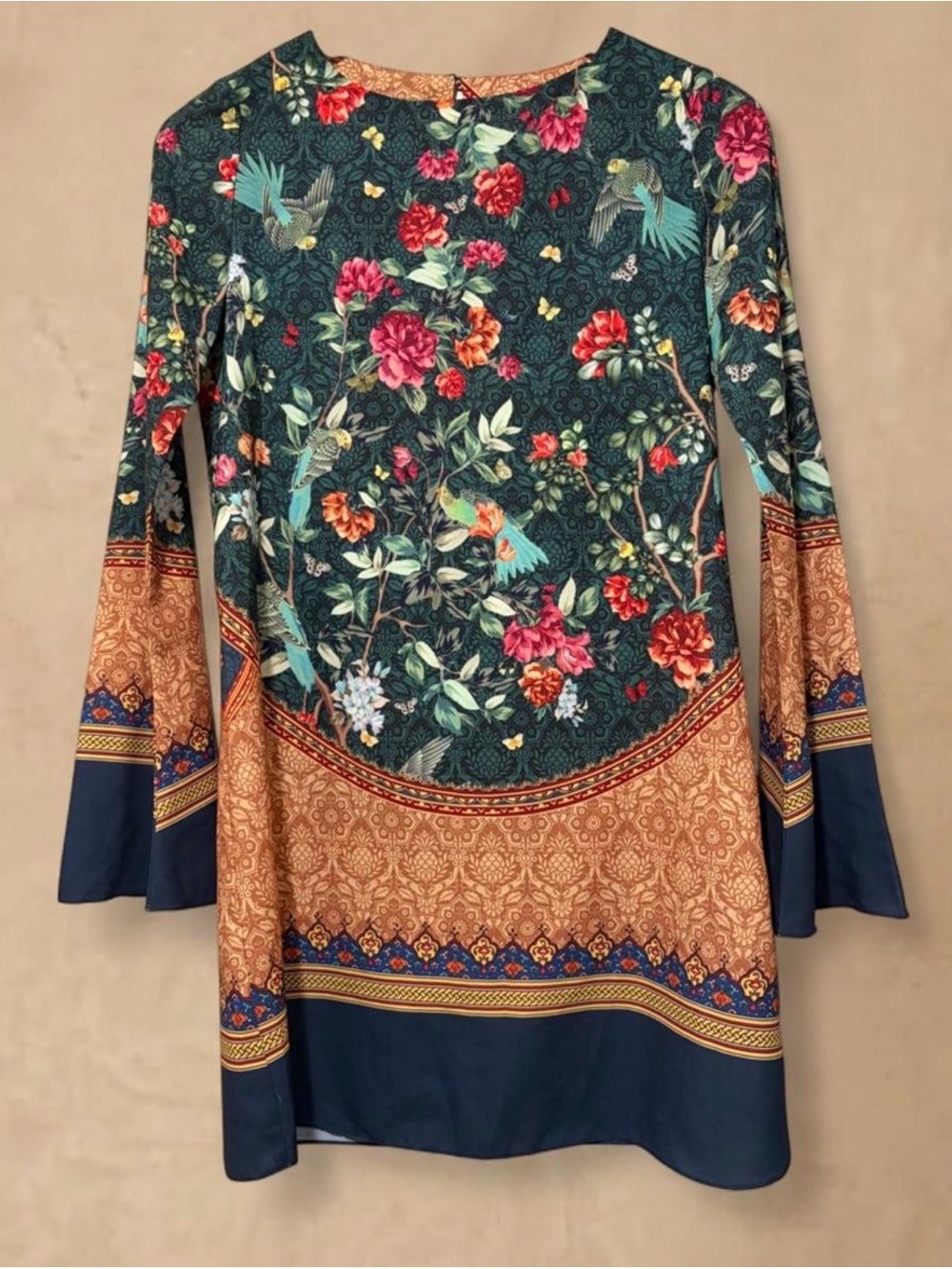 Farm Rio Boho Birds and Floral Border Print Tunic Dress